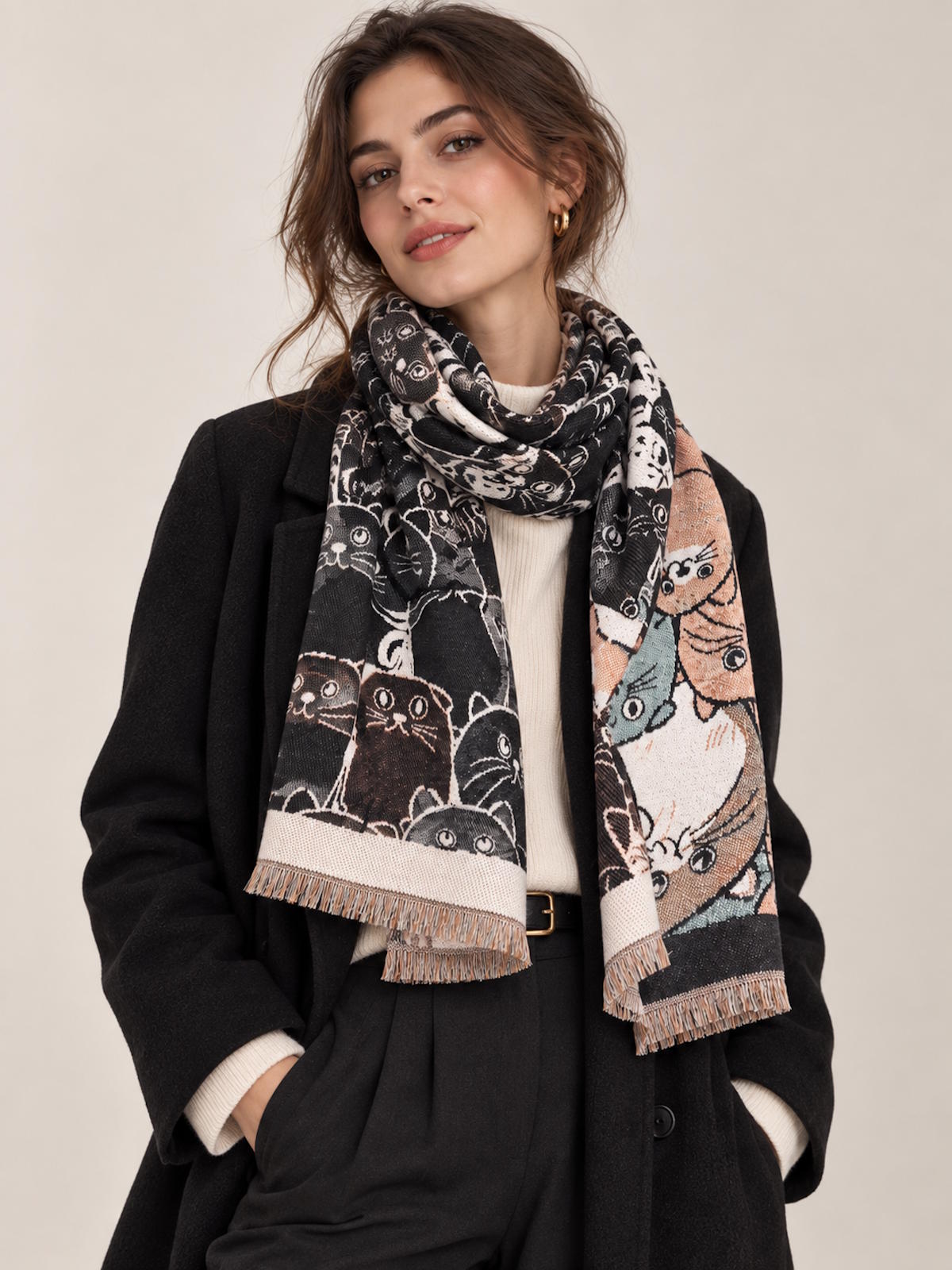 Christmas Gift | Soft Winter Scarf with Cute Cat Pattern & Cashmere-Like Feel, art. 253005