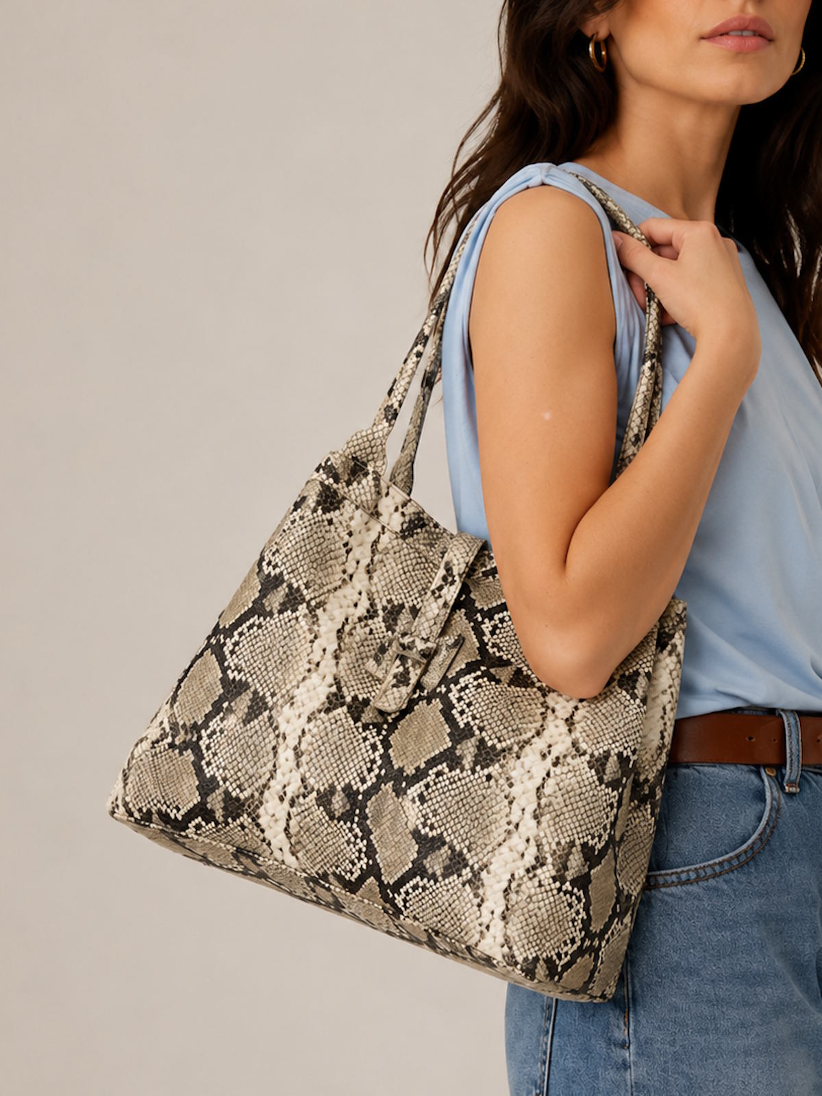 Women's Genuine Leather Snake Print Tote Bag, Medium, Made in Italy, art. 112742