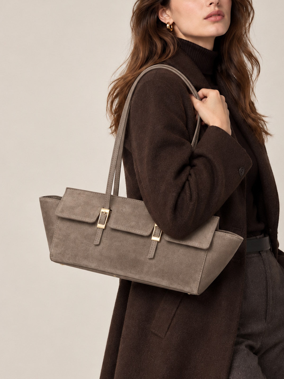 Women's Suede East-West Tote Bag with Double Buckle Detail, Made in Italy, art. 112794