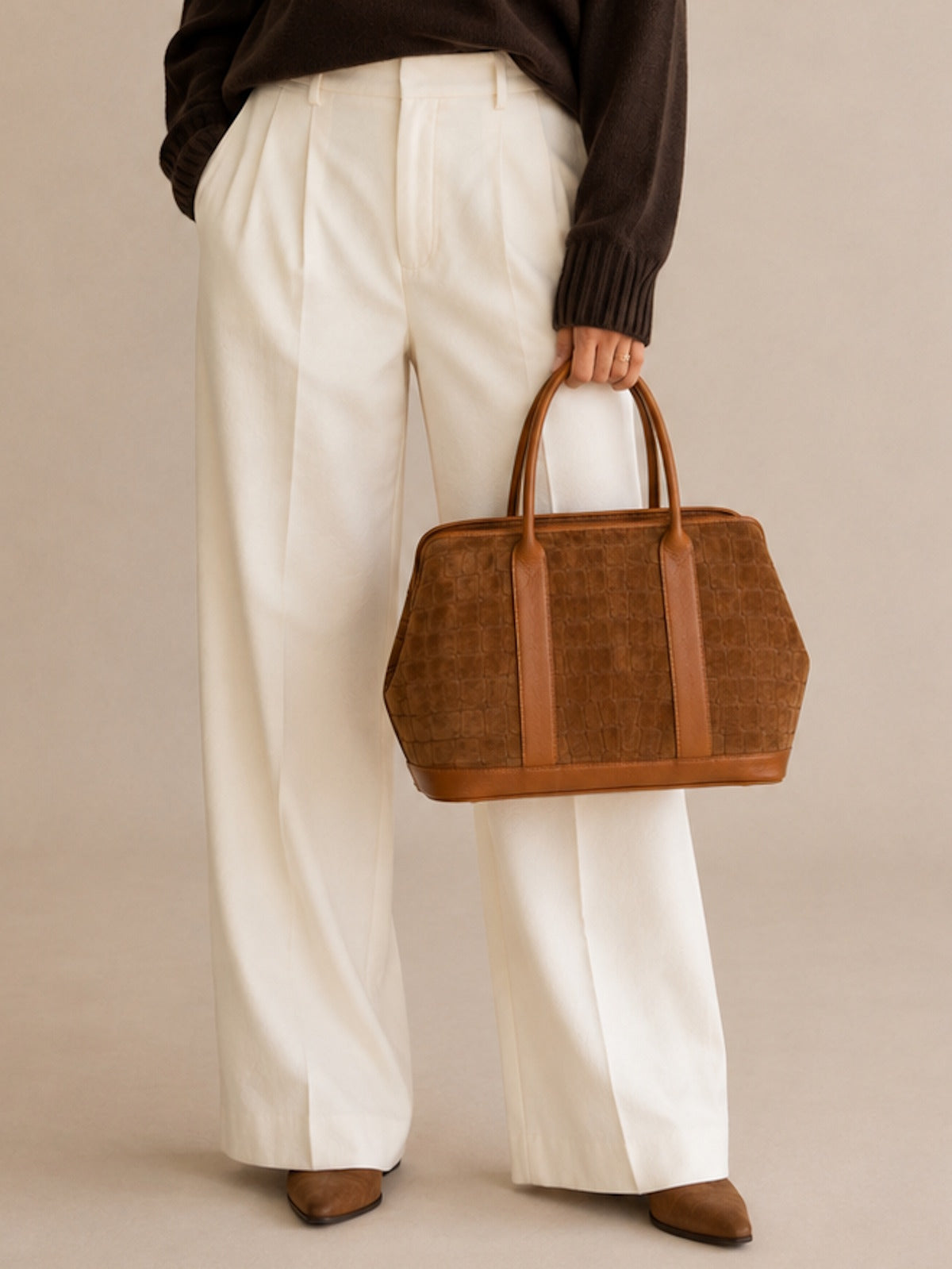 Genuine Leather & Suede Croc-Embossed Top Handle Bag, Made in Italy, art. 112787