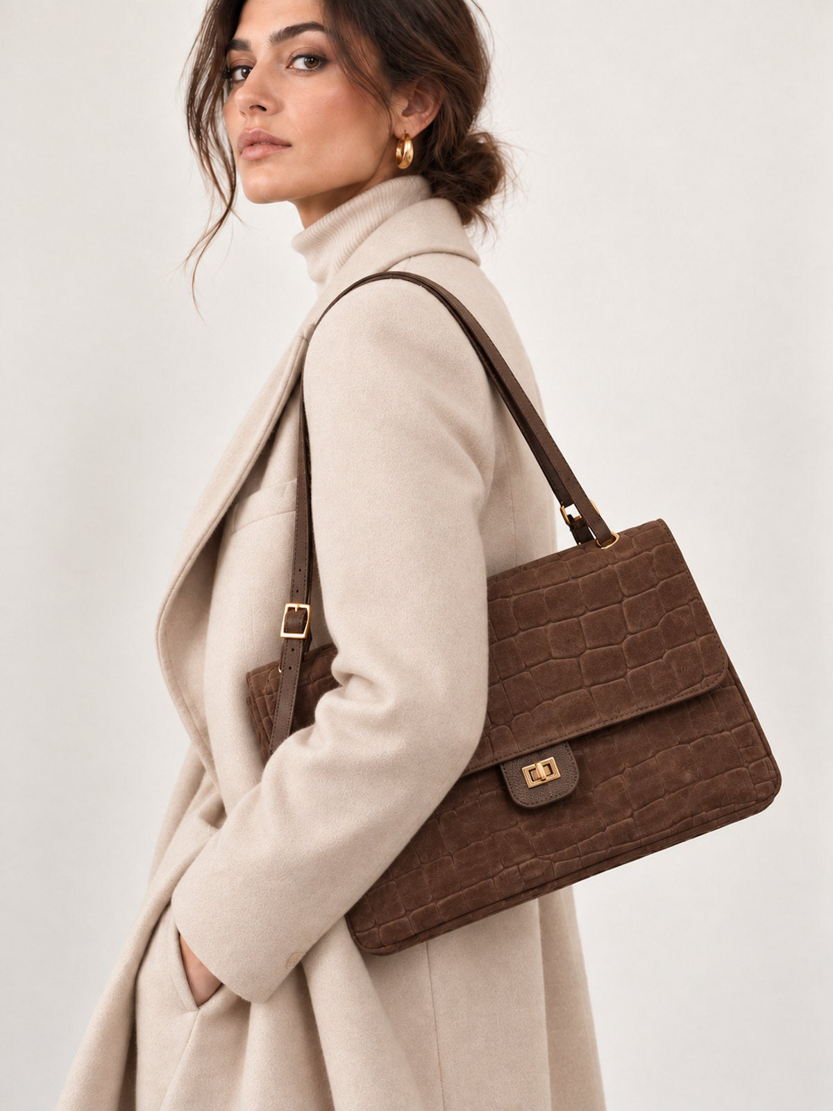 Medium Genuine Leather & Suede Croc-Embossed Shoulder Bag, Made in Italy, art. 112801