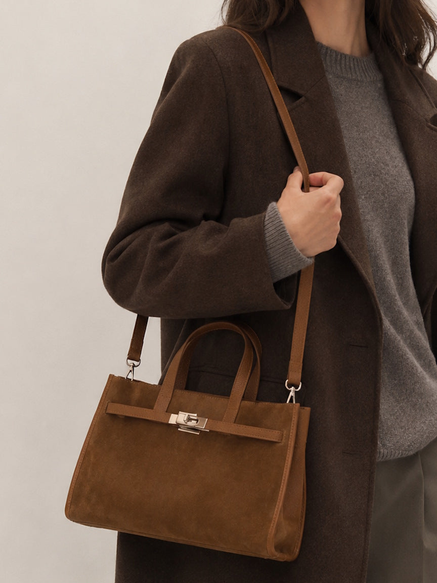 Suede and Genuine Leather Handbag with Crossbody Strap,  Made in Italy, art. 112782