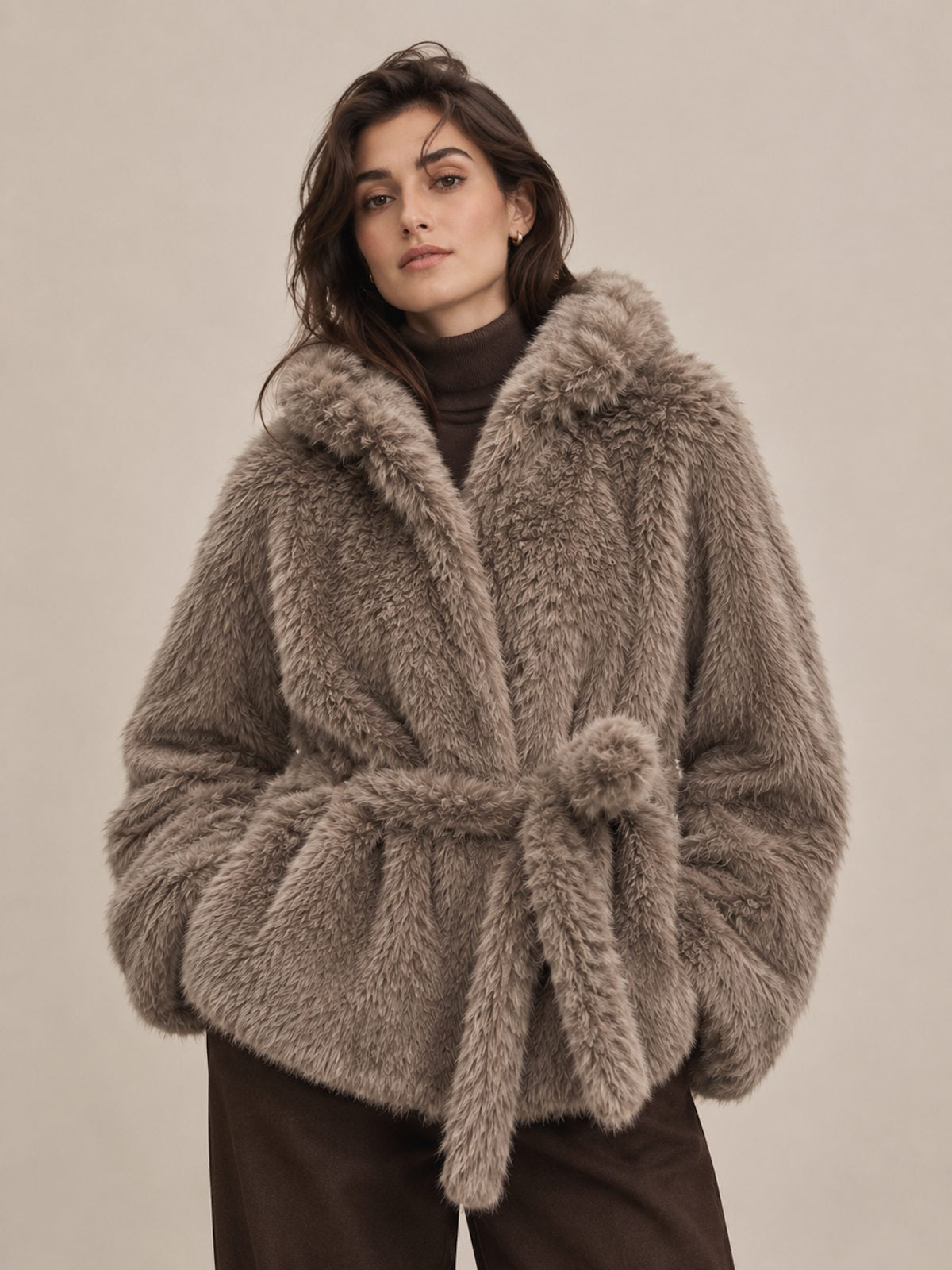 Plush Faux Fur Hooded Belted Jacket, Fall/Winter, Art. XY-16.532