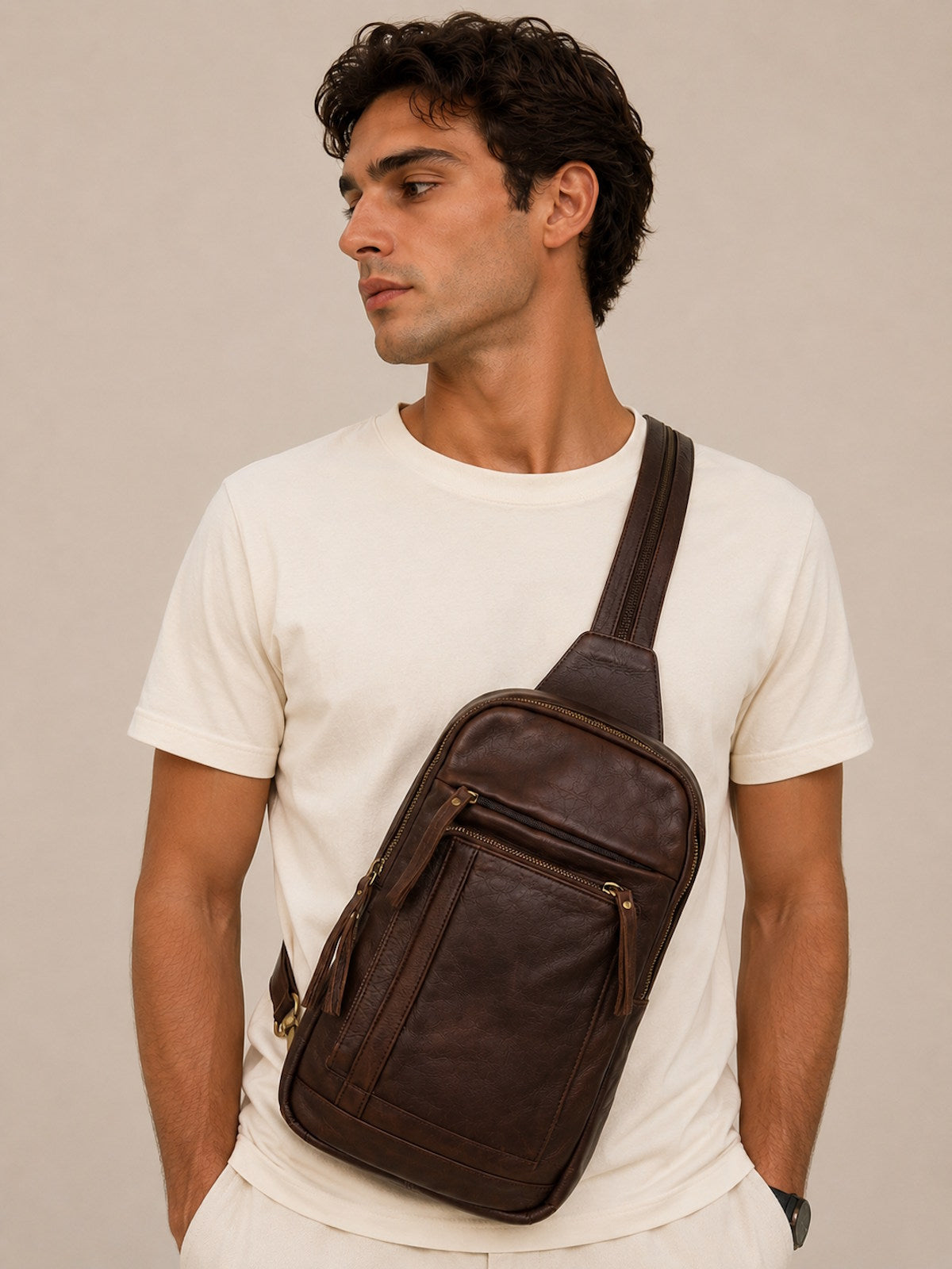 Men's Genuine Leather Convertible Backpack Crossbody Bag, art. 2020