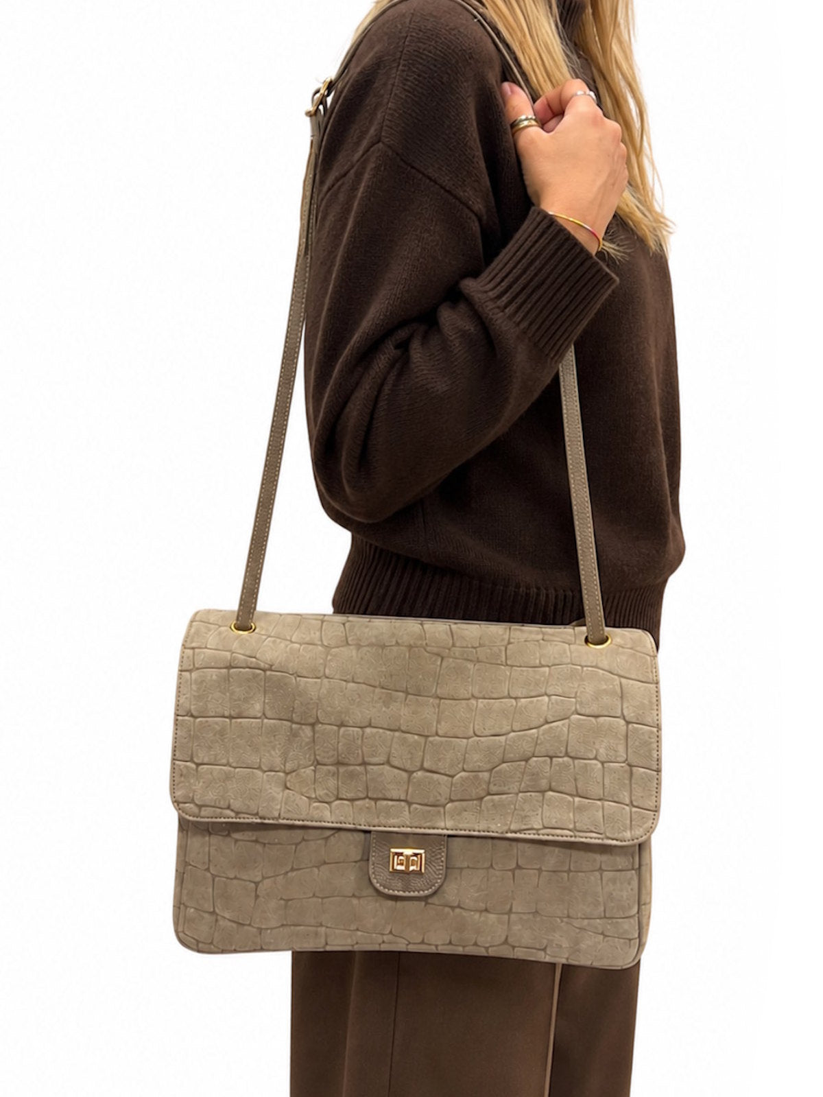 Large Genuine Leather & Suede Croc-Embossed Shoulder Bag, Made in Italy, art. 112783