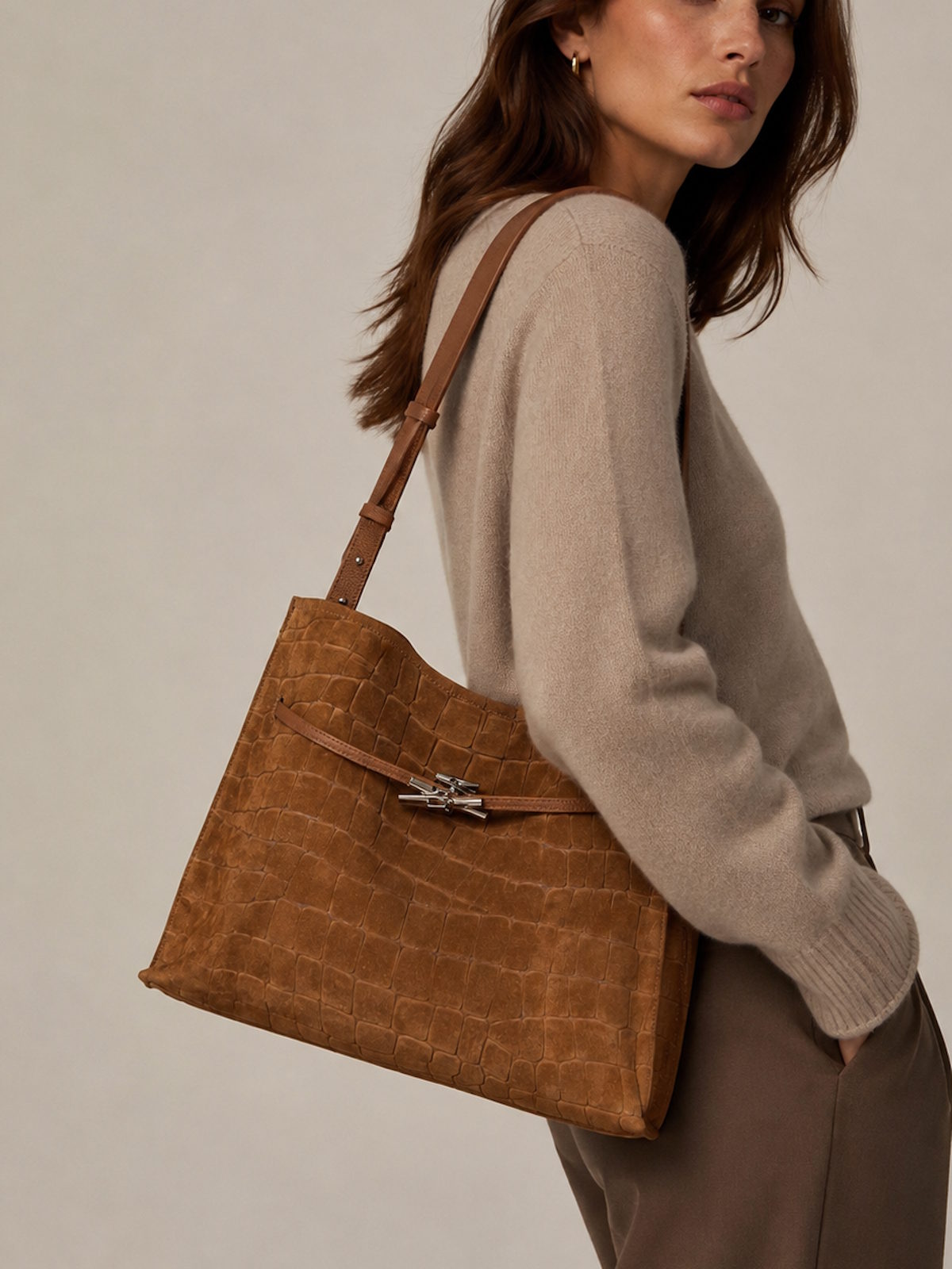 Genuine Leather & Suede Croc-Embossed Shoulder Tote, Made in Italy, art. 112784