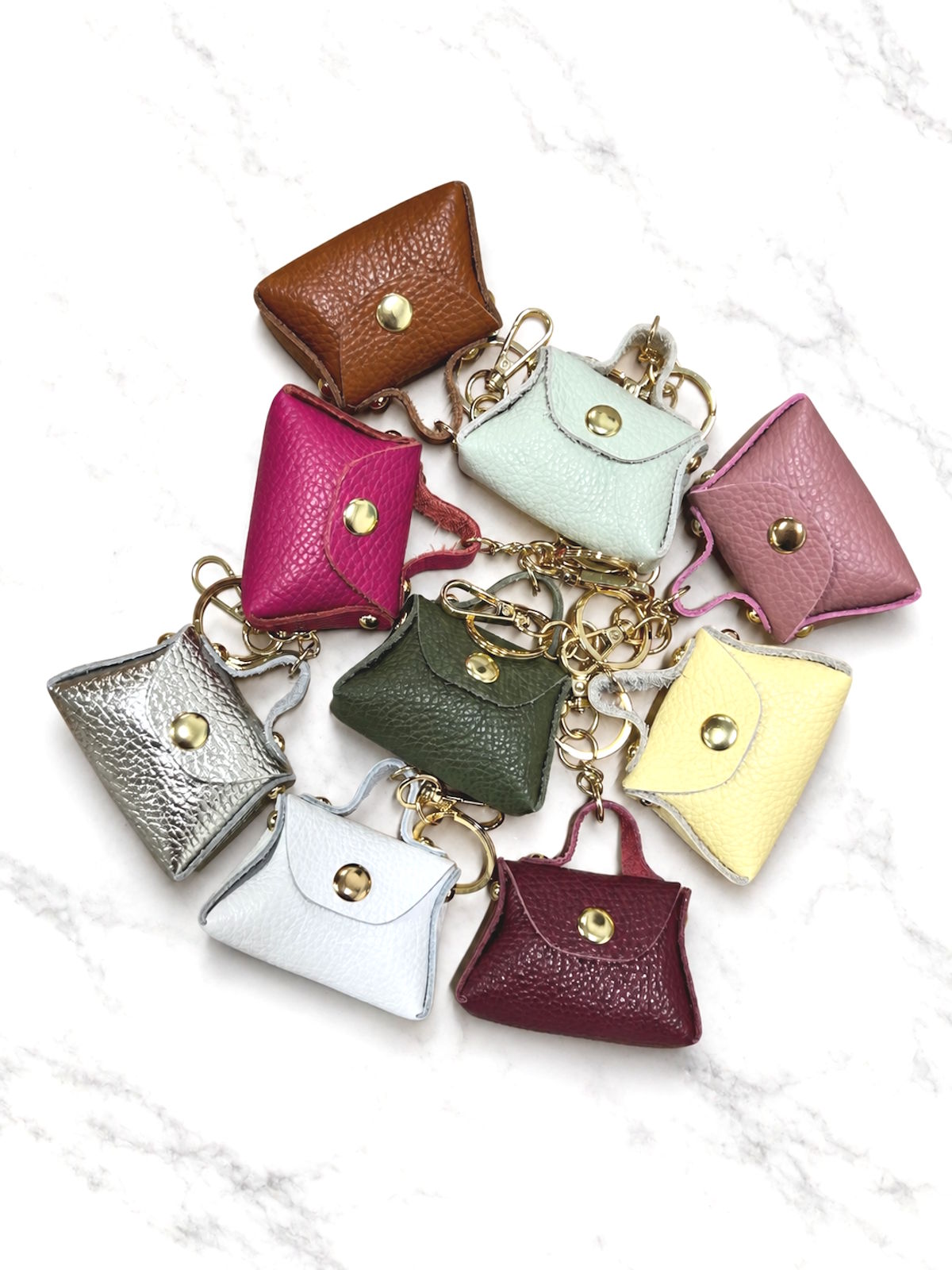 Set of 5, Detachable Genuine Leather Tiny Tote Coin Pouch Keychain, art. PO06
