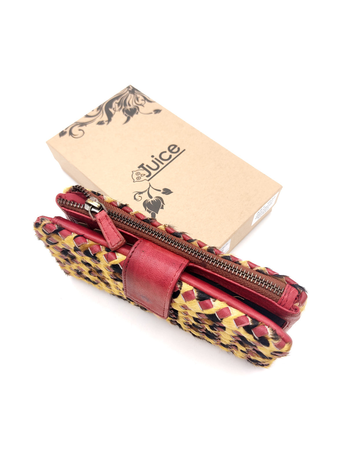 Washed leather and calf hair wallet art. LE1032.422