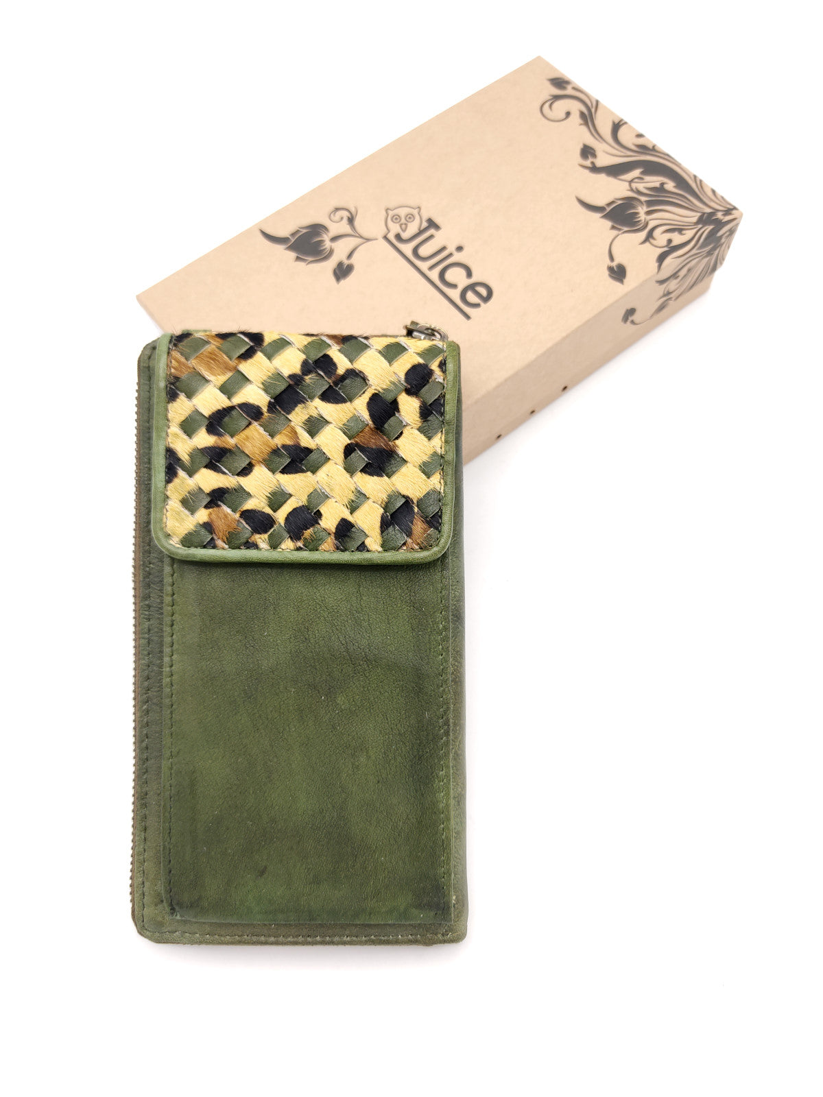 Washed leather and calf hair wallet art. LE055.422