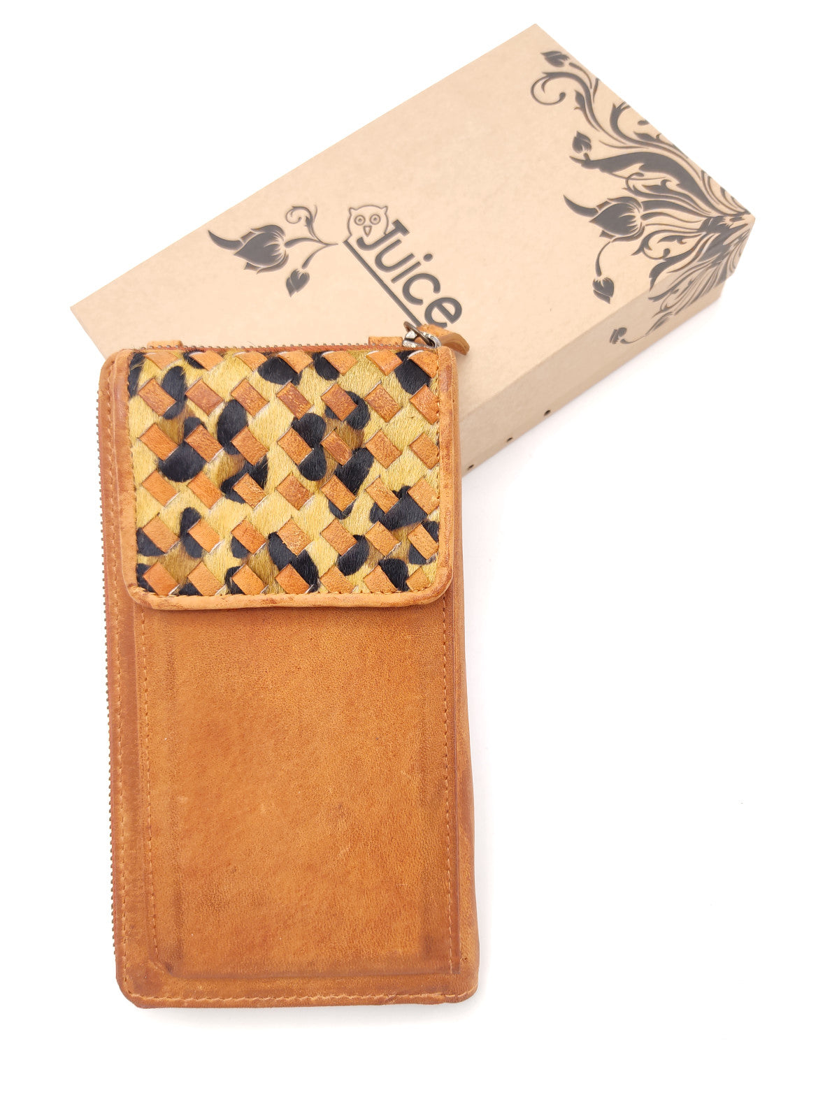 Washed leather and calf hair wallet art. LE055.422