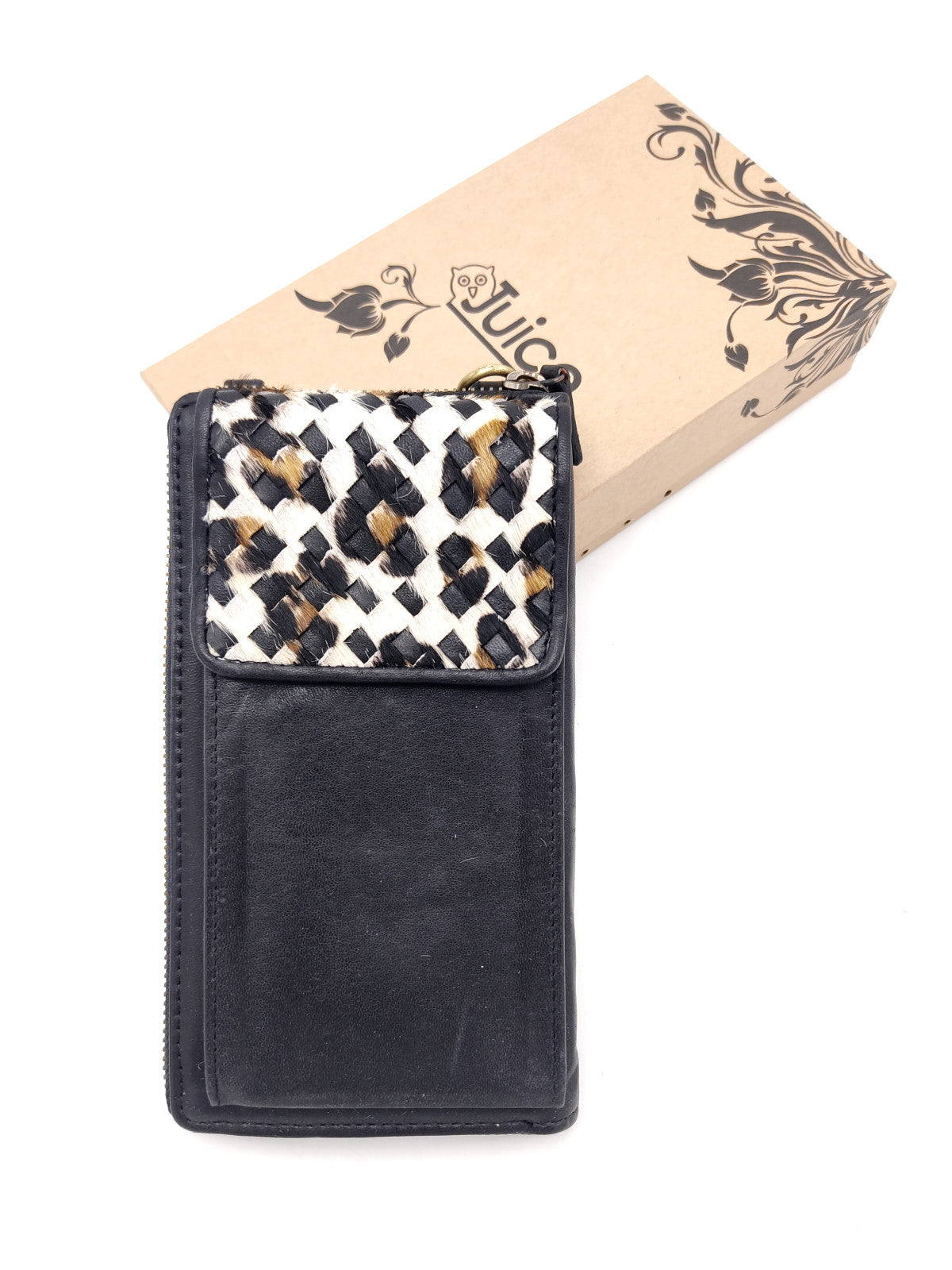 Washed leather and calf hair wallet art. LE055.422