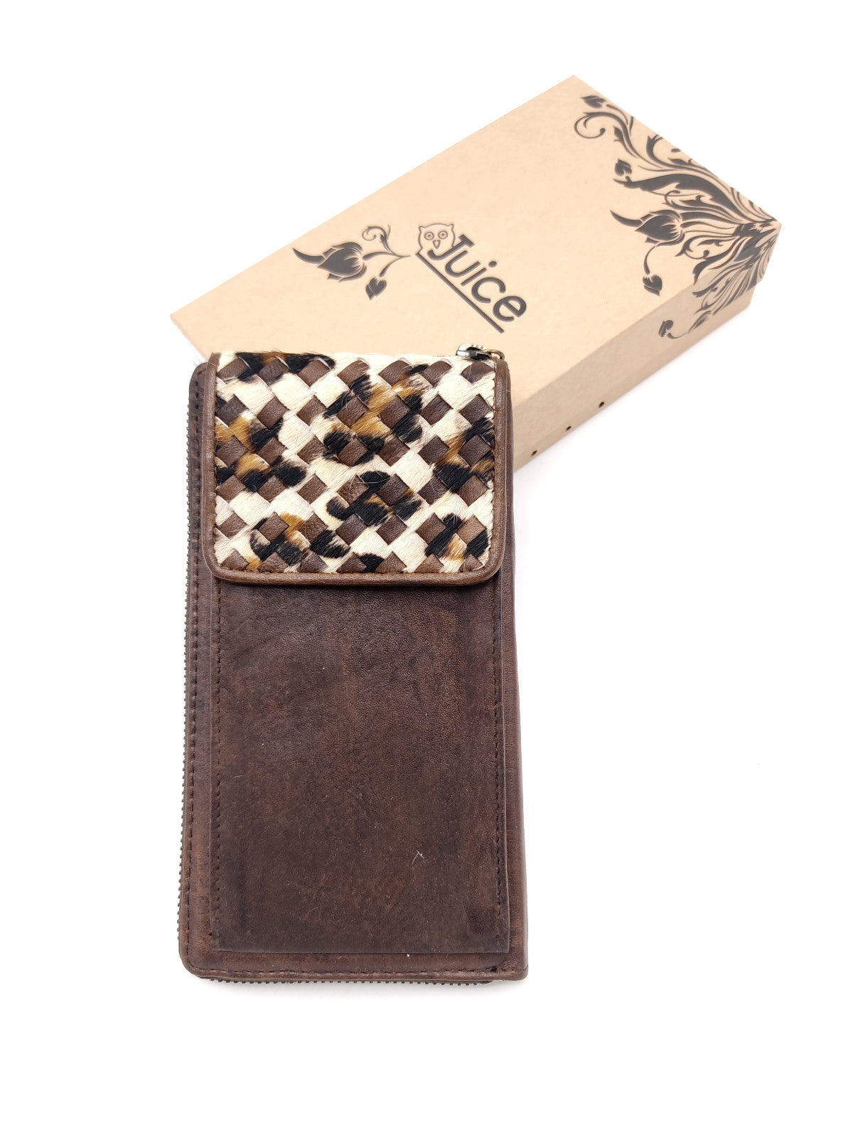 Washed leather and calf hair wallet art. LE055.422