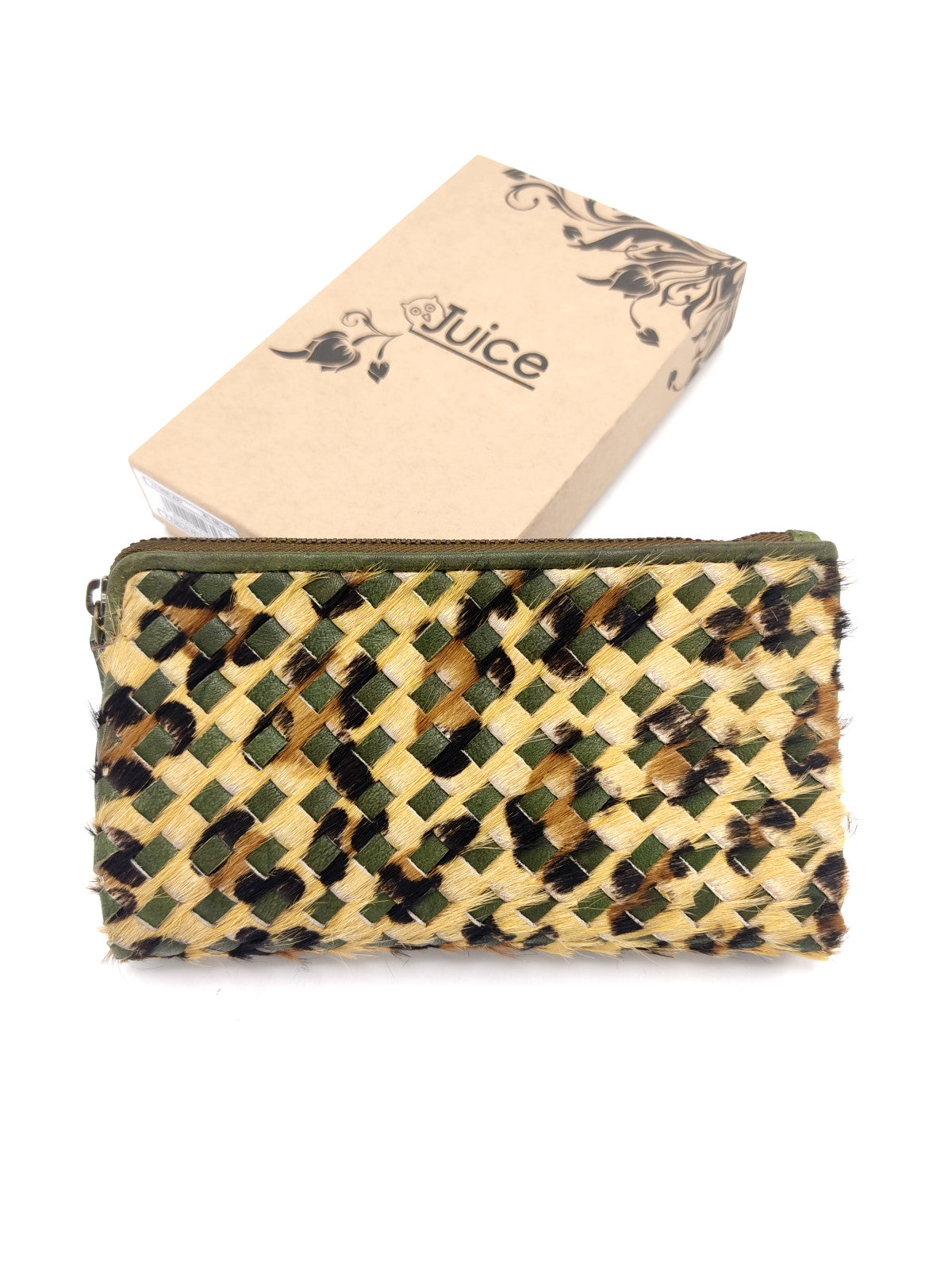 Washed leather and calf hair wallet art. LE1035.422