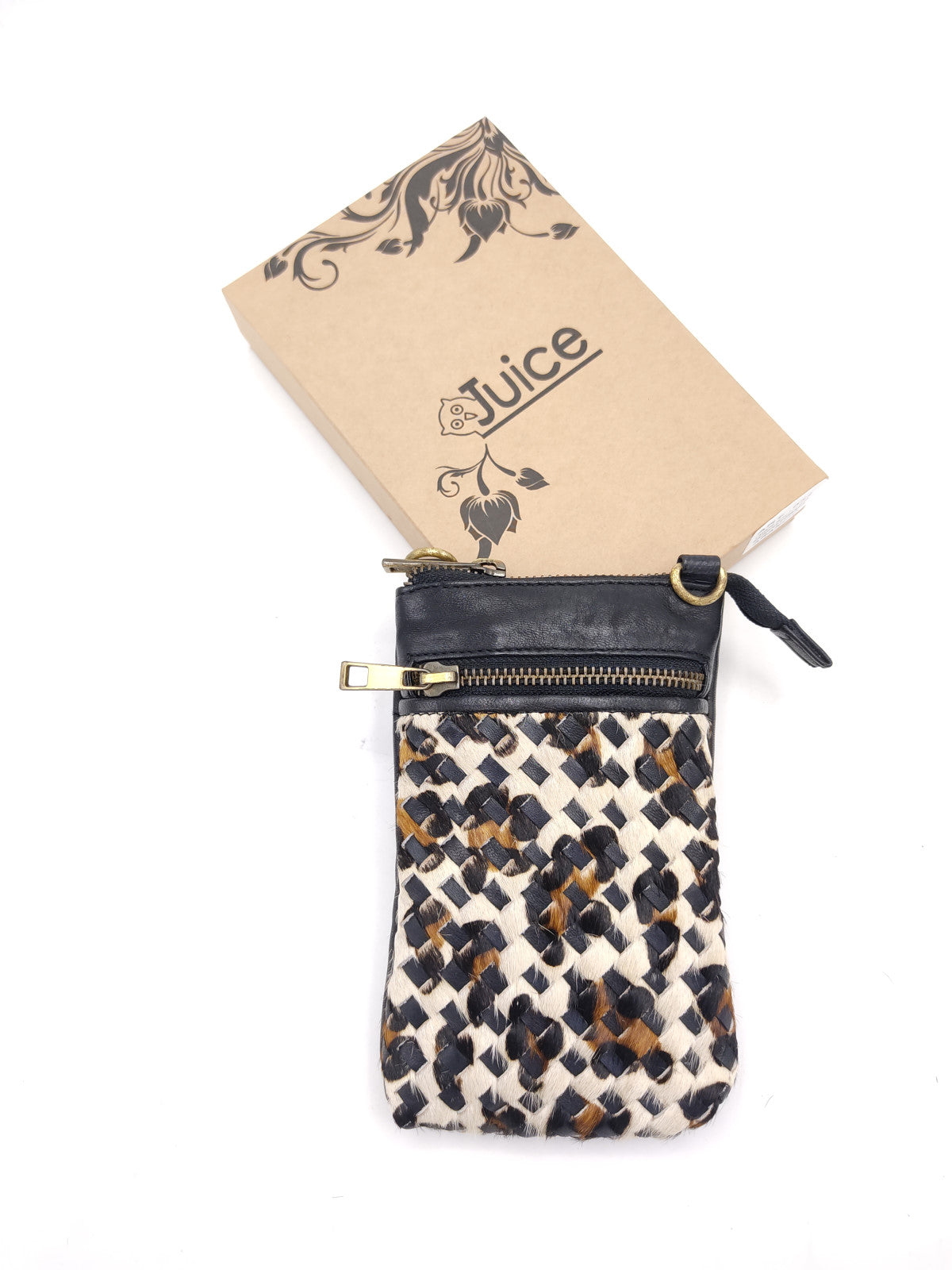 Washed leather and calf hair cellphone holder art. LE052.422