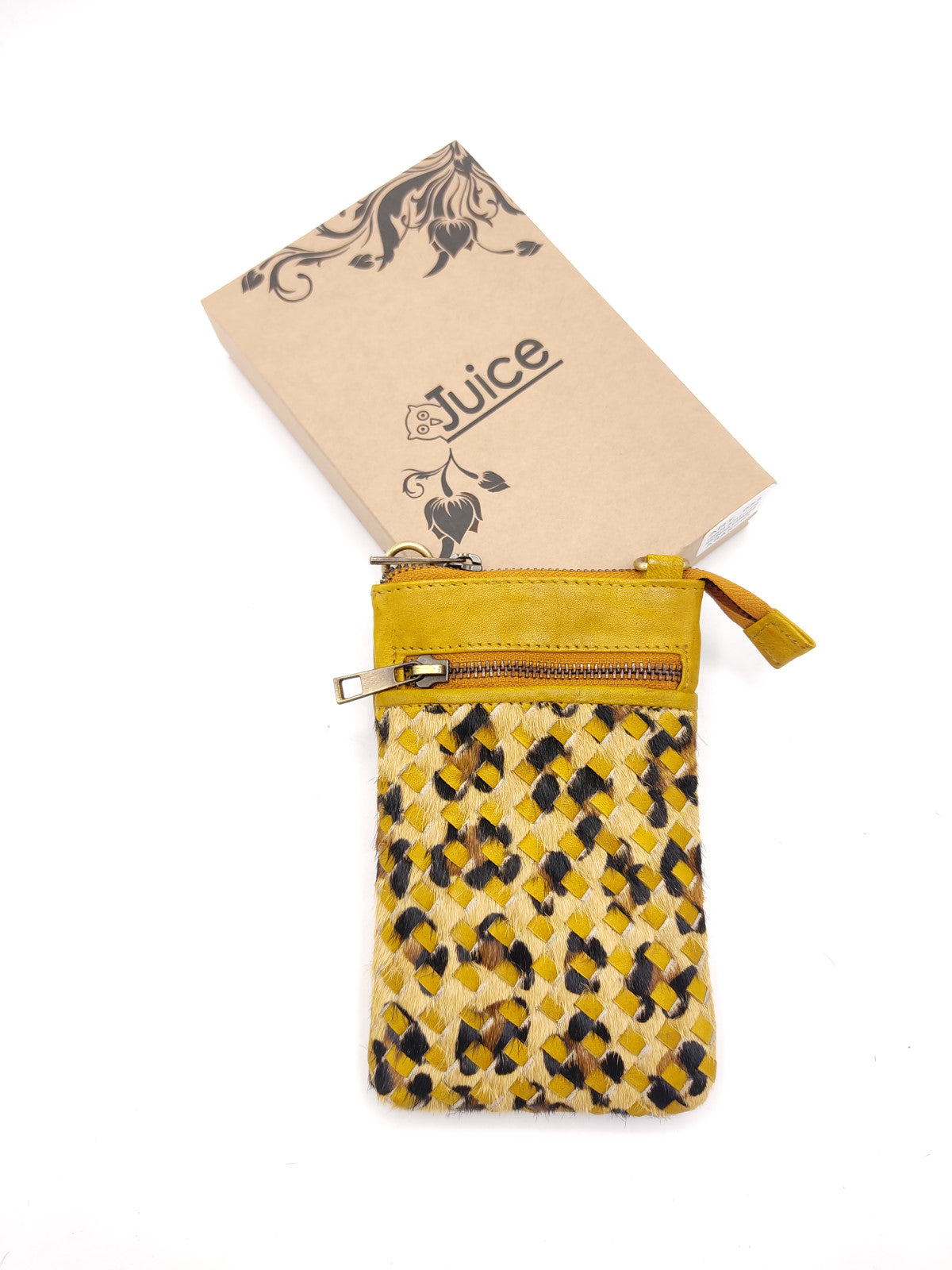 Washed leather and calf hair cellphone holder art. LE052.422