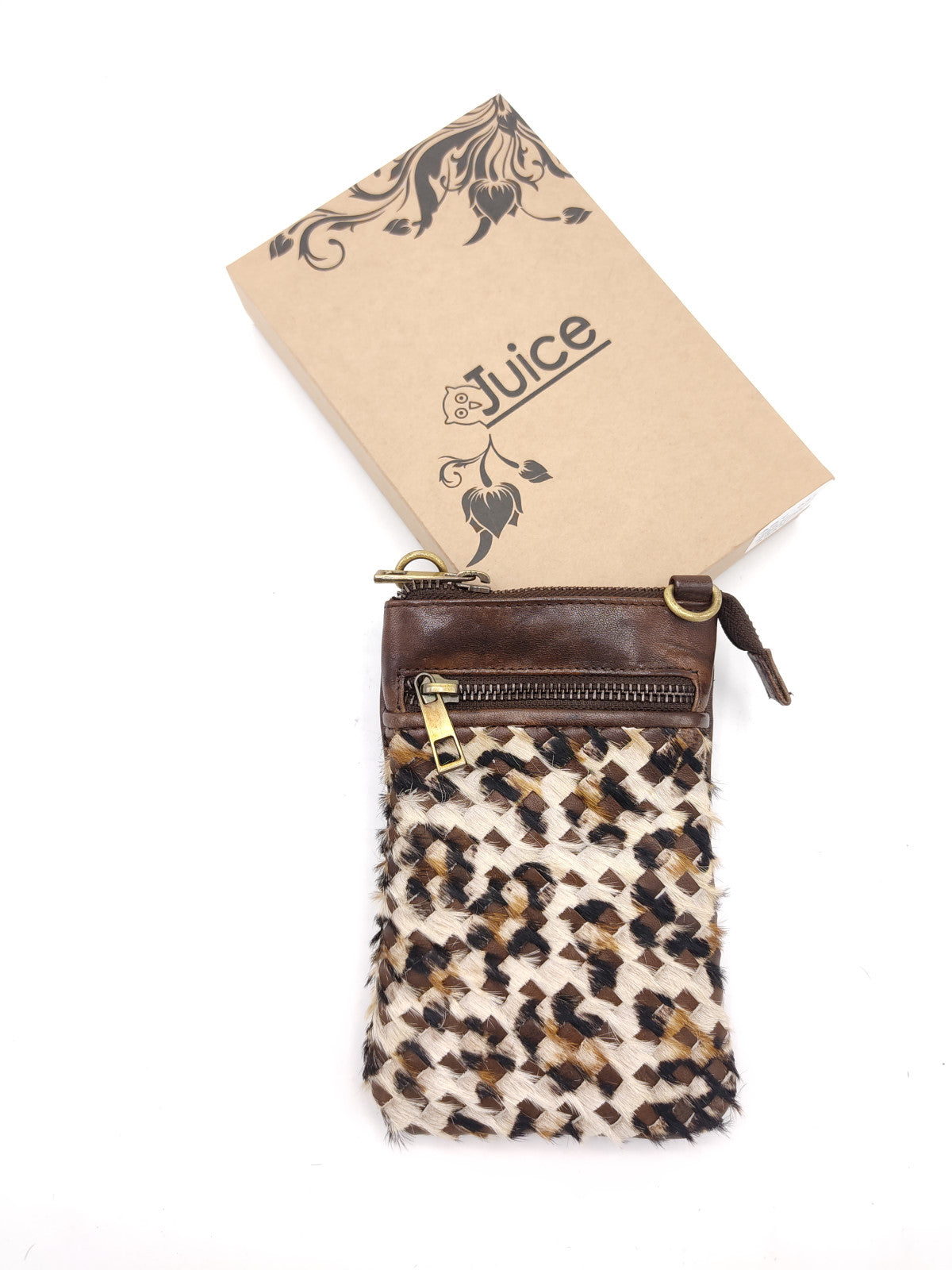 Washed leather and calf hair cellphone holder art. LE052.422