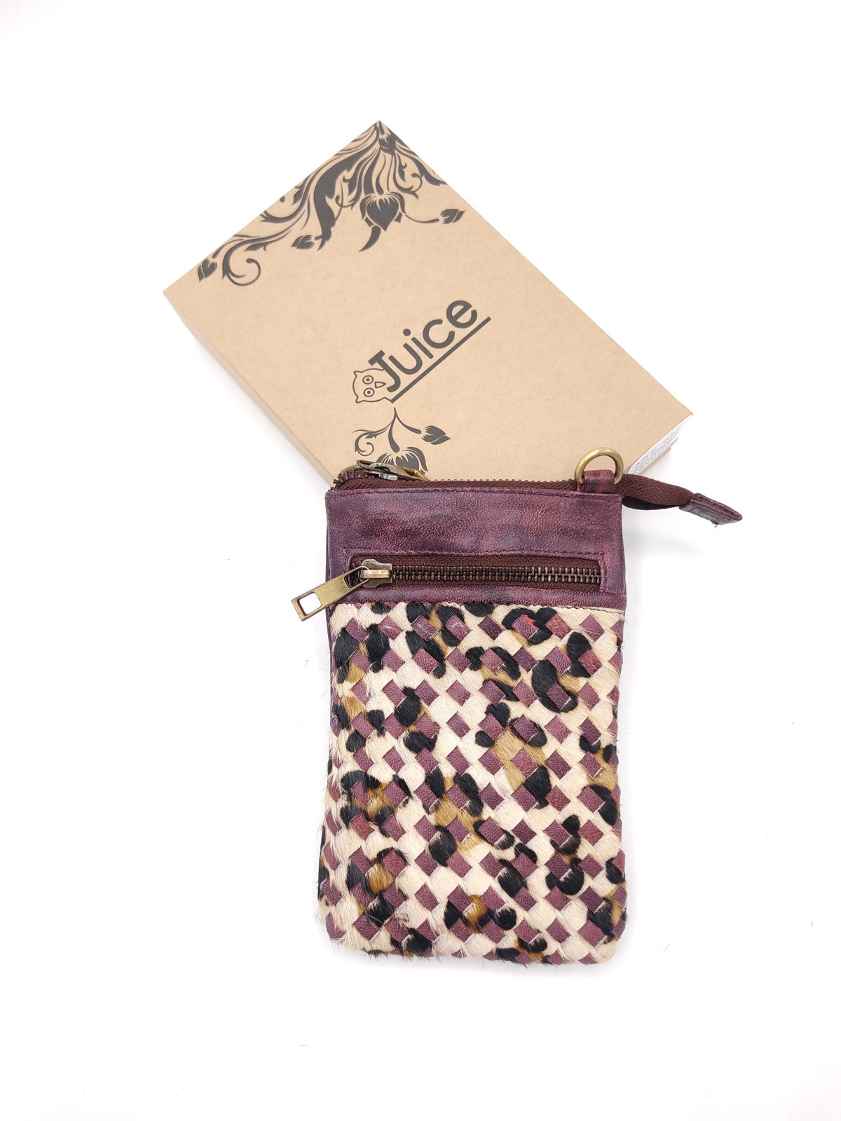 Washed leather and calf hair cellphone holder art. LE052.422