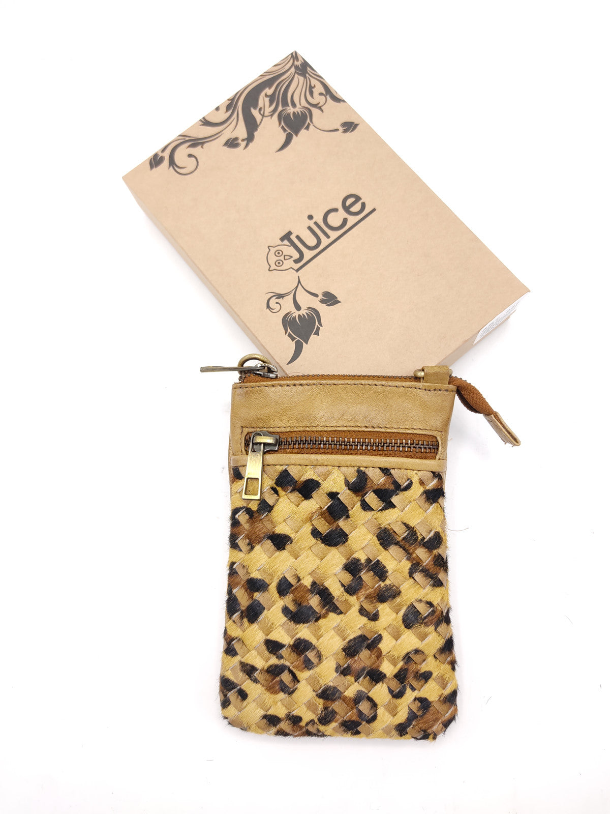 Washed leather and calf hair cellphone holder art. LE052.422