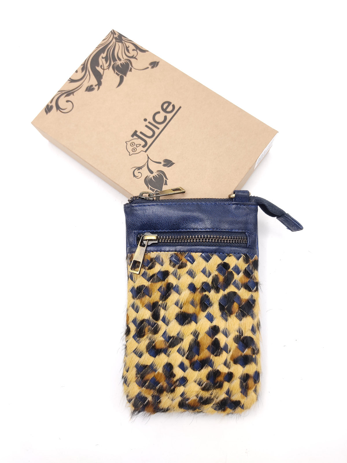 Washed leather and calf hair cellphone holder art. LE052.422