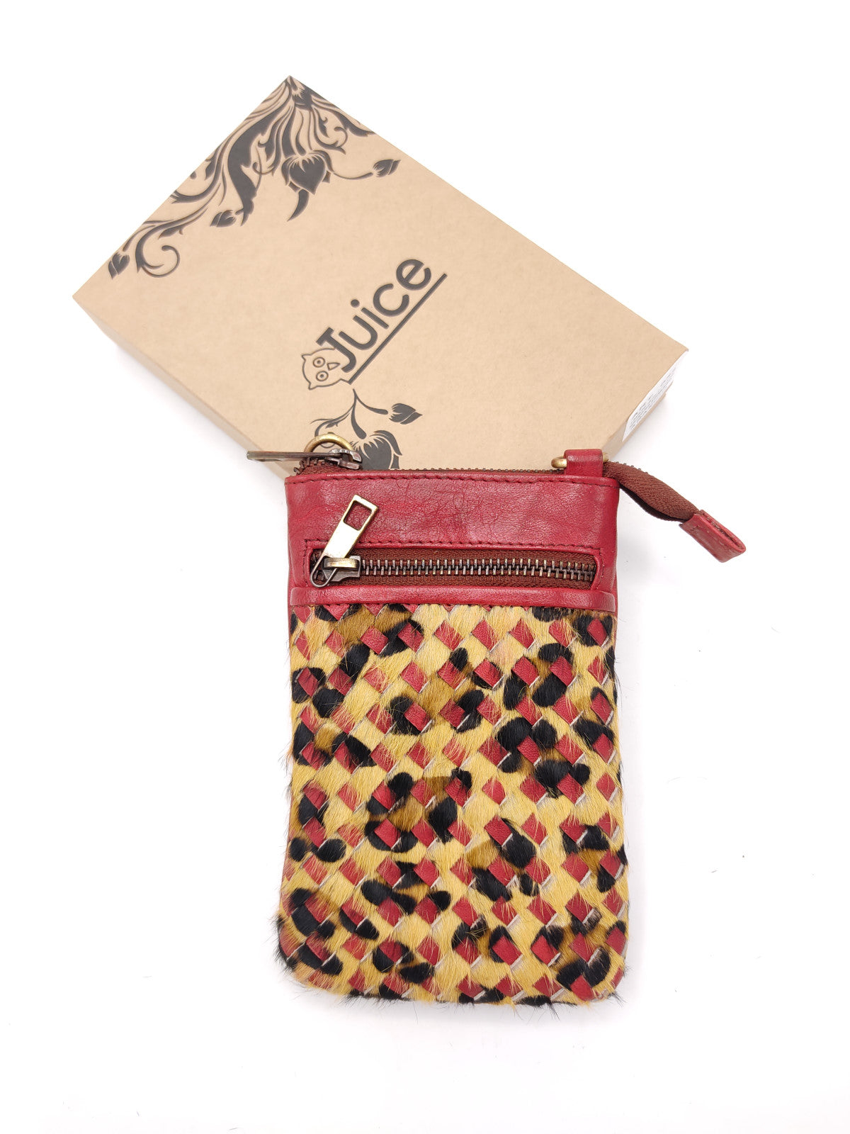 Washed leather and calf hair cellphone holder art. LE052.422