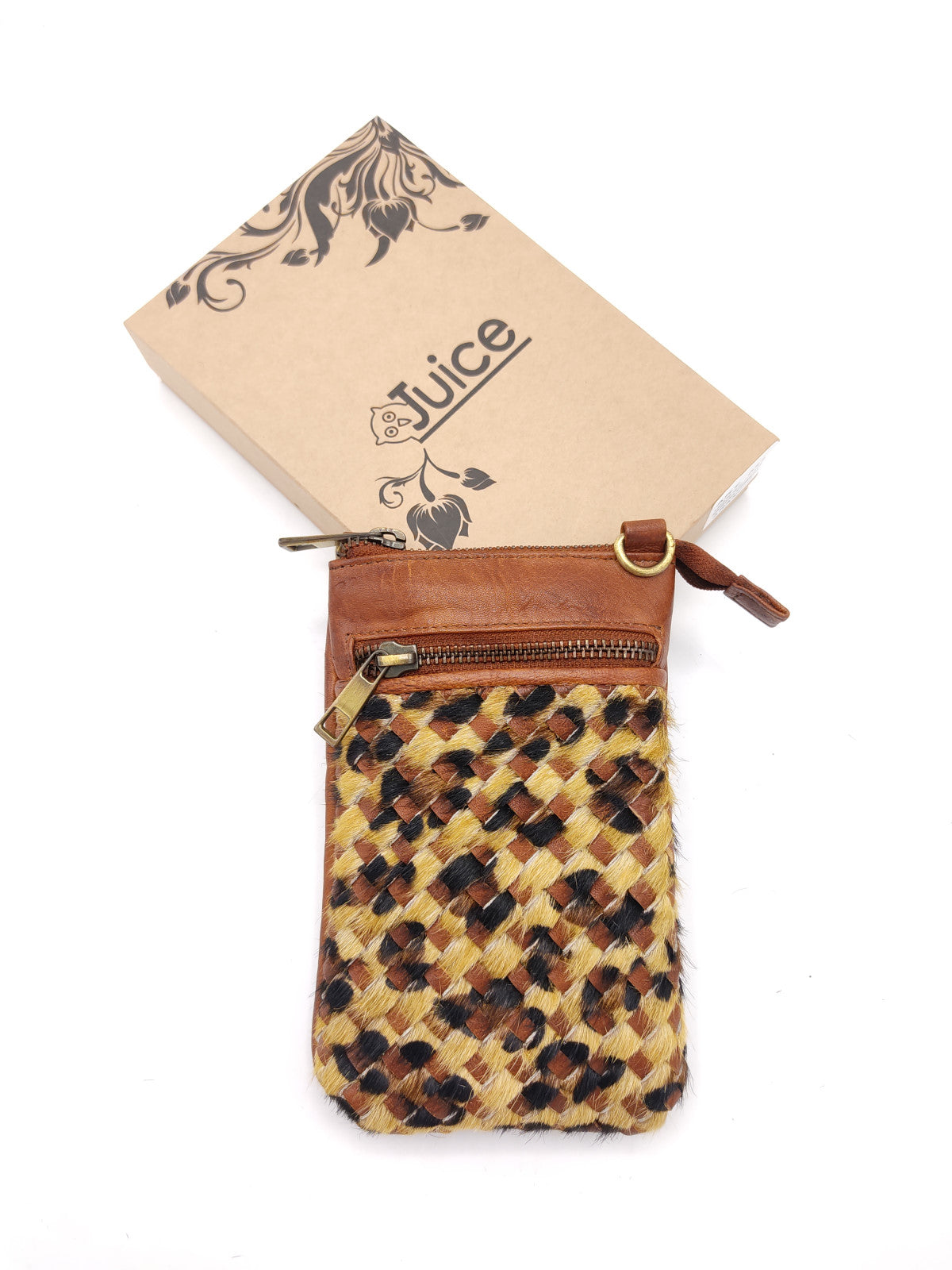 Washed leather and calf hair cellphone holder art. LE052.422